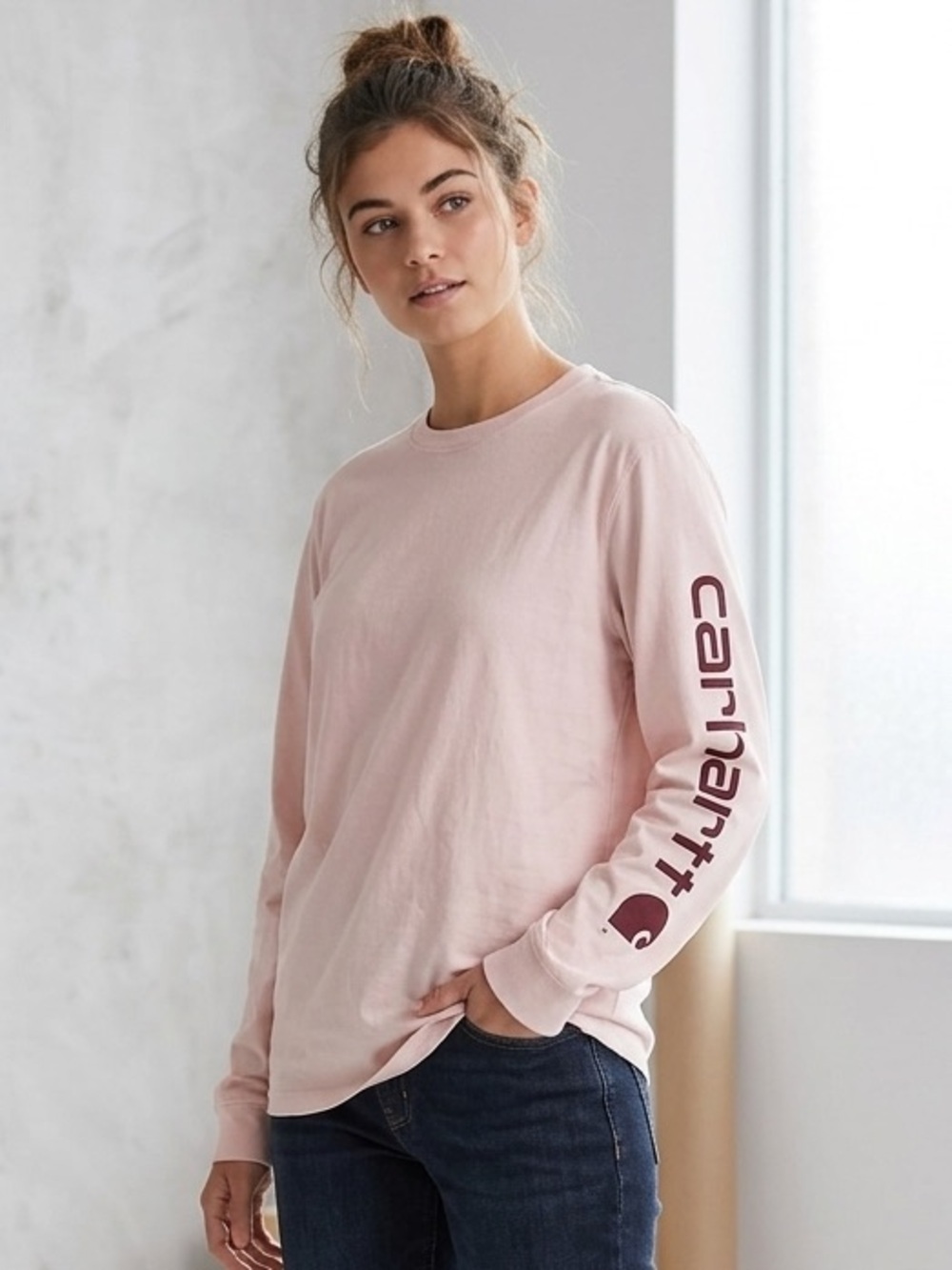 Carhartt Long Sleeve Tee Light Pink with Burgundy Sleeve Logo Women’s Size Large